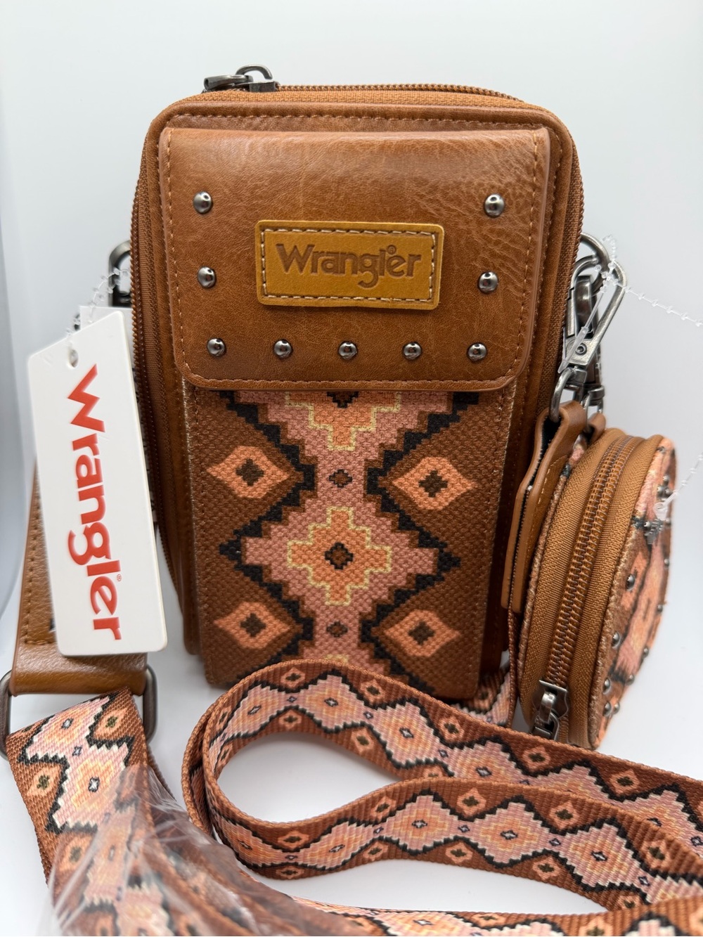 Wrangler Brown Crossbody Bag with Pink-Tan Aztec Pattern